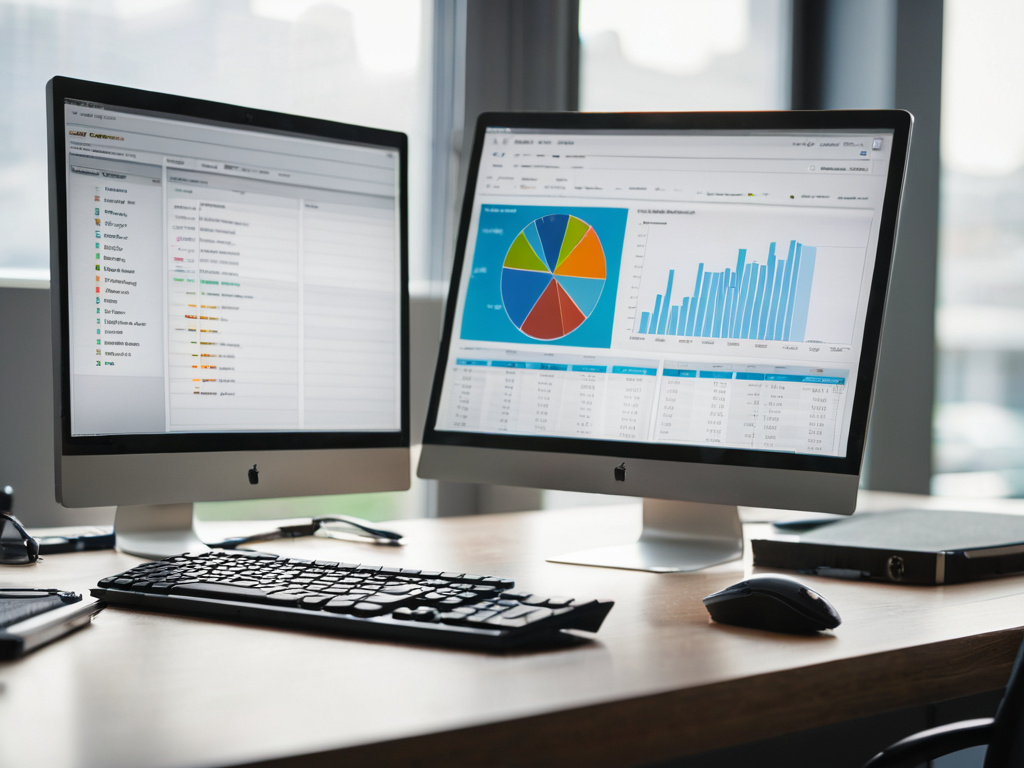 A professional, photorealistic close-up of a clean desk with a single monitor showing a blurred productivity dashboard, keyboard, and closed laptop, soft daylight from a window, shallow depth of field, no visible text overlays or letters inside the image
