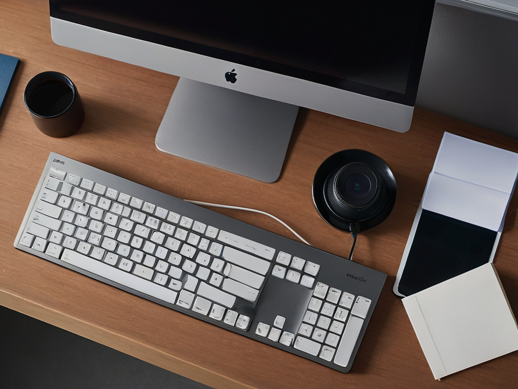 A professional, photorealistic overhead shot of a minimalist desk setup with a monitor displaying a muted notification panel, a mechanical keyboard, a notebook, and a phone face down in a drawer, neutral lighting, crisp composition, no visible text overlays or letters inside the image