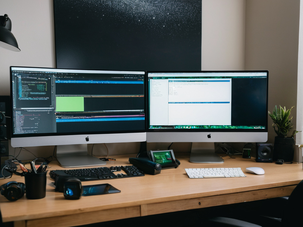 A professional photo of a cluttered developer desk with a dual-monitor setup. It must include a visible sign or screen with the text: '42 MINUTES LOST.'