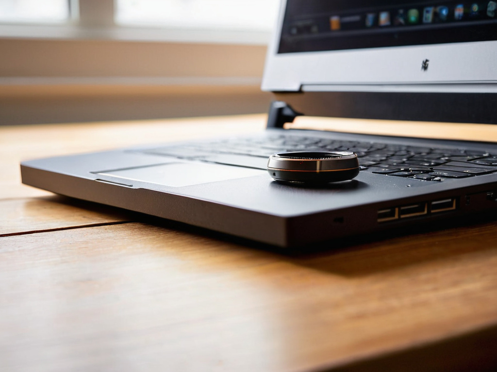 A professional, photorealistic close-up of a laptop on a wooden desk, a small desktop timer window represented by a thin circular progress ring, soft daylight from a window, shallow depth of field, clean composition, no overlays.