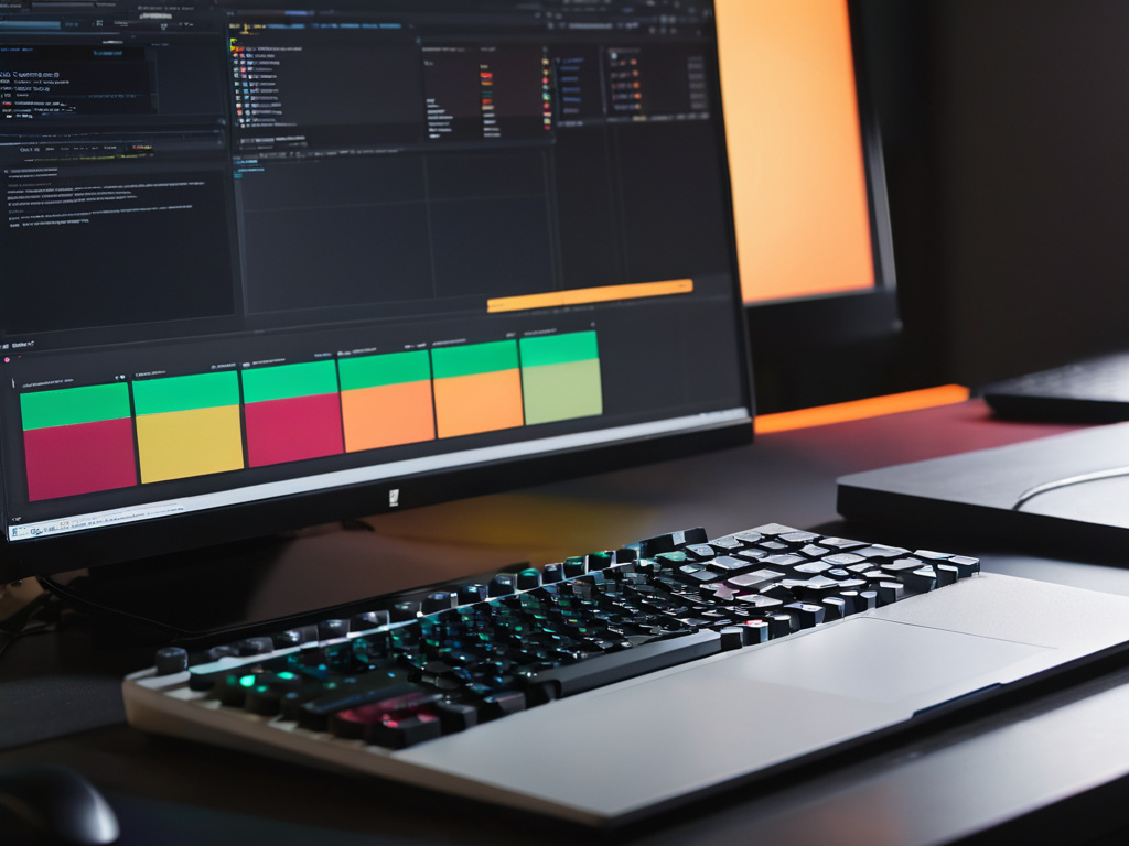A professional, photorealistic over-the-shoulder view of a developer workspace, a laptop screen showing abstract color blocks and a smooth performance curve, a mechanical keyboard, neutral office lighting, shallow depth of field, organized composition, no overlays.