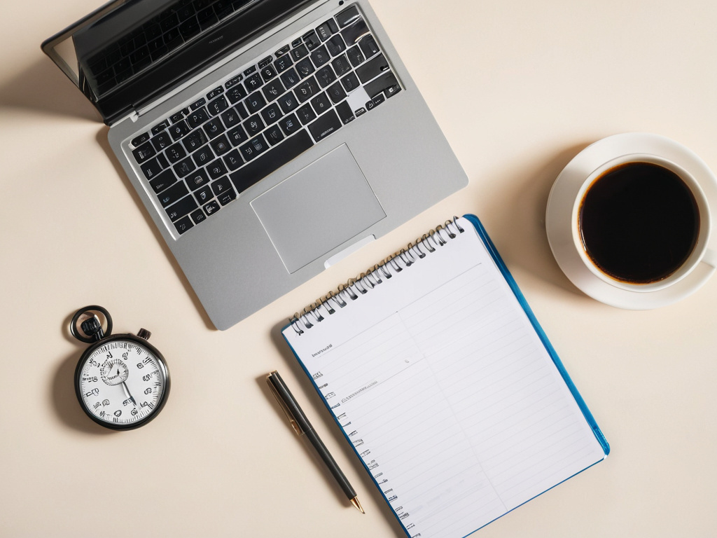 A professional, photorealistic flat lay of a laptop, a stopwatch, a notebook, and a small desktop timer window represented by a clean circular progress ring, bright daylight, tidy desk, crisp shadows, no overlays.